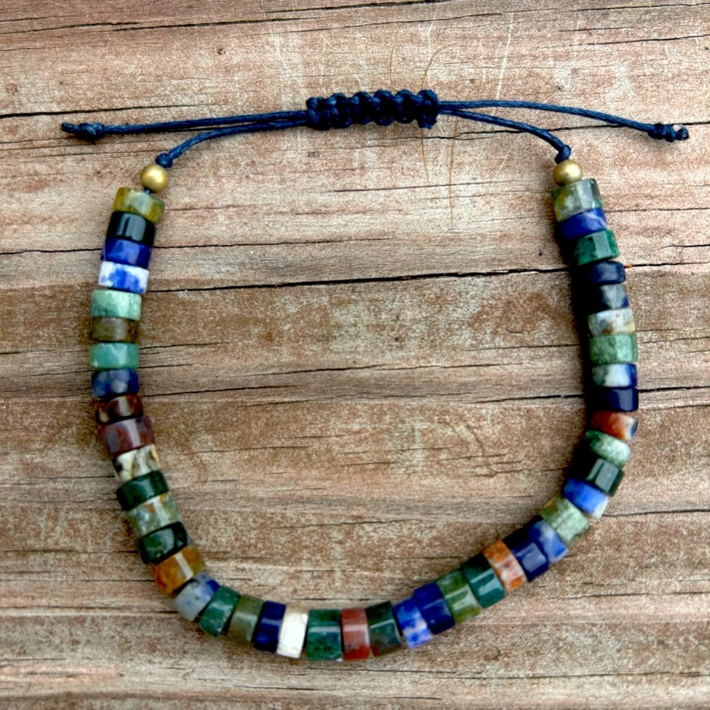 Unisex adjustable sodalite and fancy jasper heishi bracelet